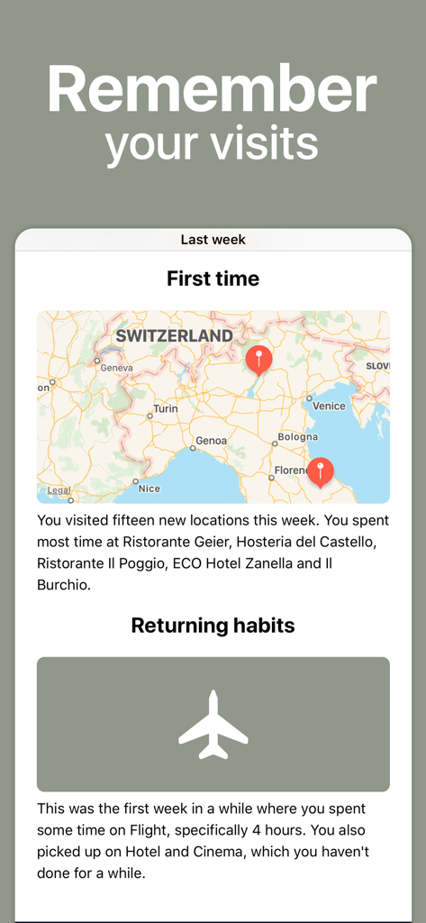 Life Cycle app weekly journal showing a map of visited locations and travel habits summary