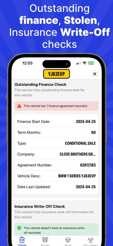 Interfaz de la aplicación Car Check que muestra los saldos de financiación pendientes y el estado de baja por siniestro de un vehículo.