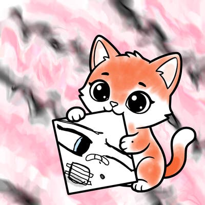 a small cat with a blank sheet of paper in its hand. the cat is sooooooo cute!