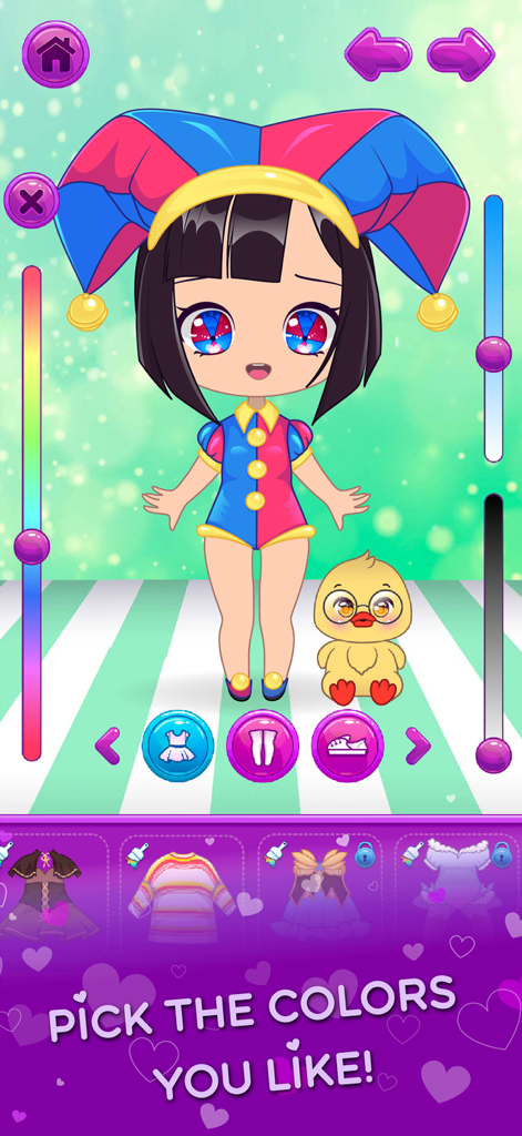 Chibi Dress Up Beauty Salon - Um personagem chibi em uma roupa de bobo da corte com uma interface de seleção de cores no jogo Chibi Dress Up Beauty Salon