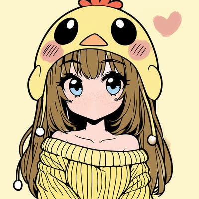 anime girl with chick shaped hat with sweater with bare shoulders with bangs covering them one eye with low tail