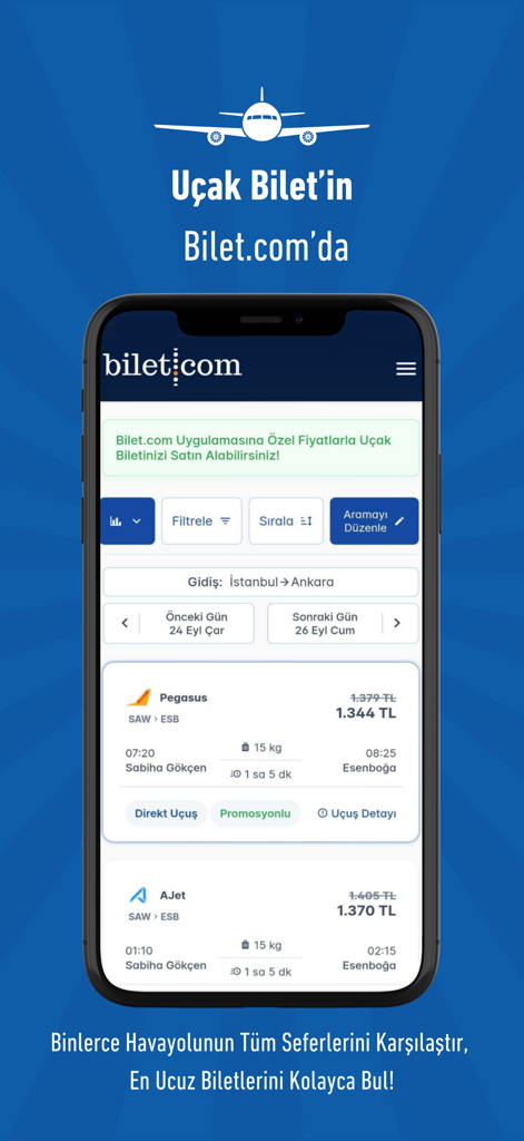 Bilet.com: Uçak Otobüs Feribot - Mobile app interface showing flight search results for domestic travel in Turkey with prices and airline options.