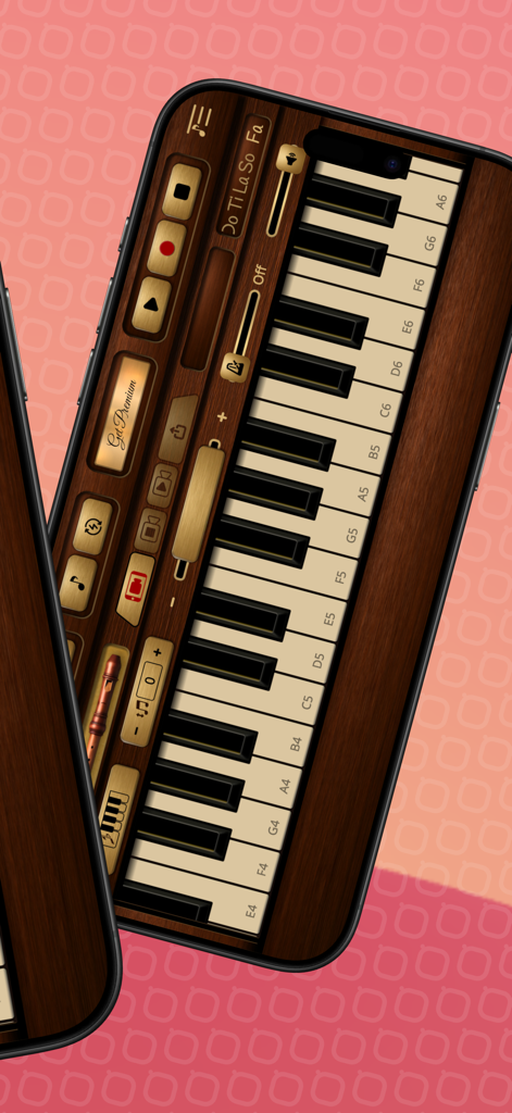 Recorder Sim - Recorder Sim App-Oberfläche zeigt eine Holzklaviatur mit Notenbeschriftungen und Aufnahmewerkzeugen