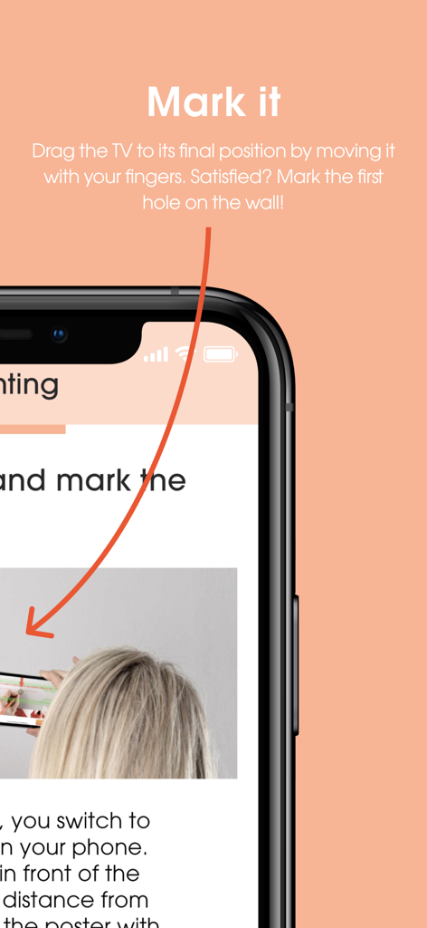 DrillRight - Smartphone screen showing the DrillRight AR app interface for marking a TV mount drill hole on a wall