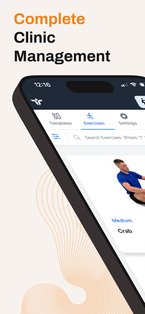Rehab Guru Pro - Interfaz de la aplicación Rehab Guru Pro que muestra la biblioteca de ejercicios y las funciones de gestión de la clínica