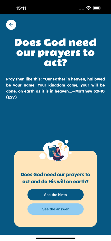 Yada Project - Uma tela de desafio teológico no aplicativo Projeto Yada perguntando se Deus precisa de orações para agir.