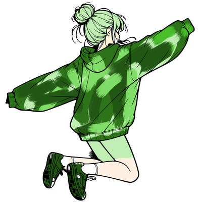 realistic girl jumping with a bun and oversized sweatshirt