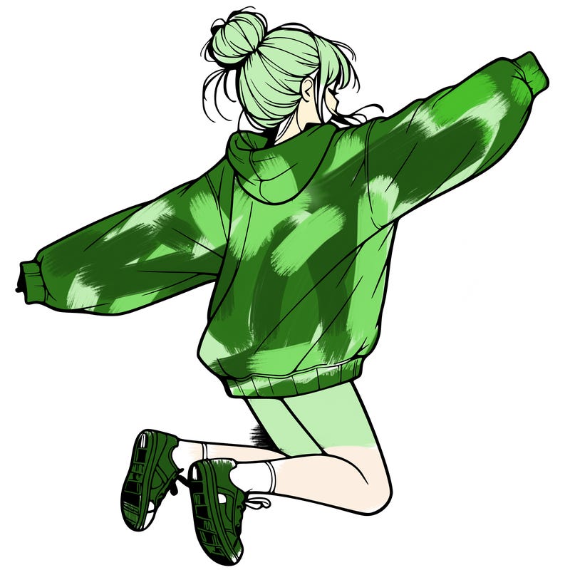 realistic girl jumping with a bun and oversized sweatshirt