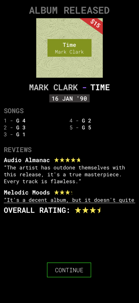 CD Market - Music Label Sim - Screenshot of an album release summary in CD Market showing reviews ratings and release details for a fictional artist