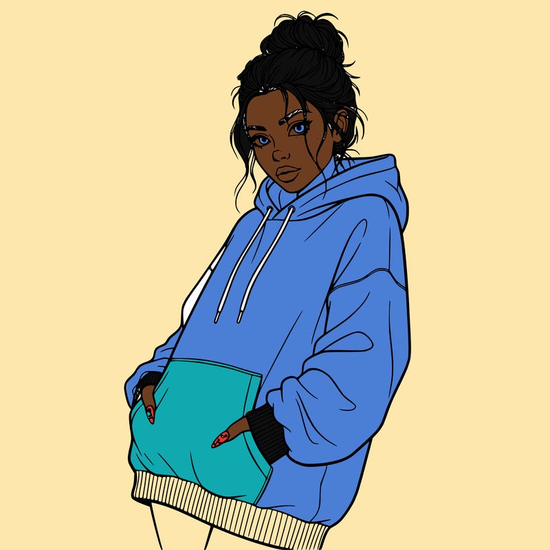 cute girl with a over size hoodie and messy bun with long nails