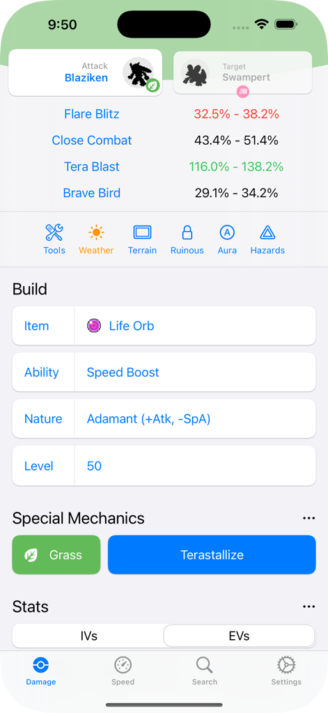 Damage Calculator - Damage Calculator app interface showing a Pokémon battle simulation with move damage percentages and build settings