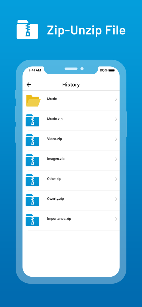 Unarchiver : Zip Unzip Tool - History screen showing a list of zipped files in the Unarchiver app