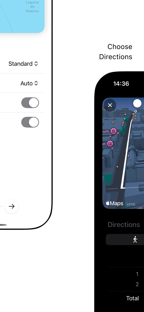 Mobile Oberfläche für die Offline Maps und Routen App zeigt eine Stadtroute auf einer 3D-Karte