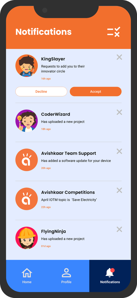 Avishkaar - Notifications screen of the Avishkaar app showing social updates project uploads and competition news for young innovators