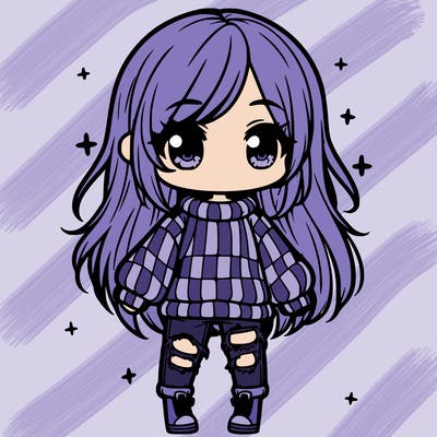 chibi girl with ripped jeans,long hair, and an oversized sweater
