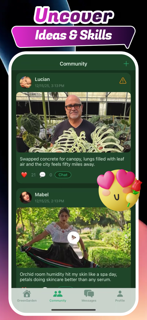 Zoen: Online Chat Friends - Zoenアプリのソーシャルコミュニティフィードで、植物愛好家が写真やガーデニングの経験を共有しています。