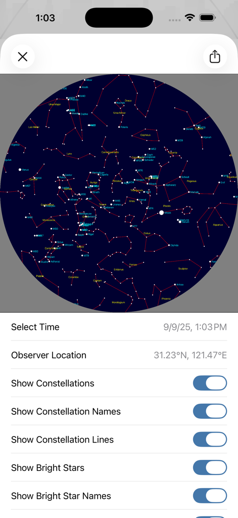 Astroweather - astronomy tools - Astroweatherアプリで、星座と星の名前をカスタム表示設定で示す円形の星空マップ。