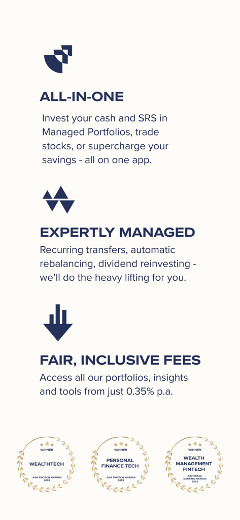 Syfe: Invest, Trade and Save - Syfe app overview highlighting managed portfolios expert automation low fees and fintech industry awards