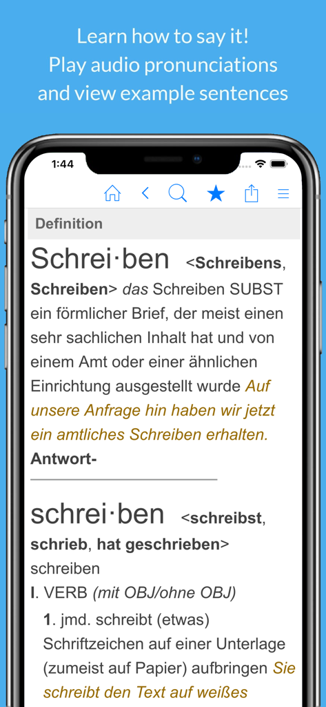 German Dictionary & Thesaurus - Screenshot of the German Dictionary app showing definitions and verb conjugations for the word Schreiben.