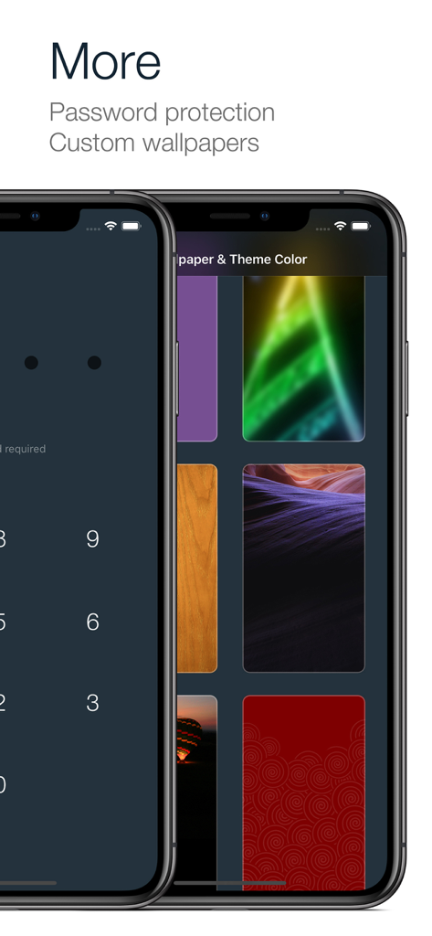 Money - Track easily - iPhone screens showing password protection and custom wallpaper theme options.