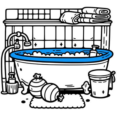 bathroom with tiles and bath bombs on tub