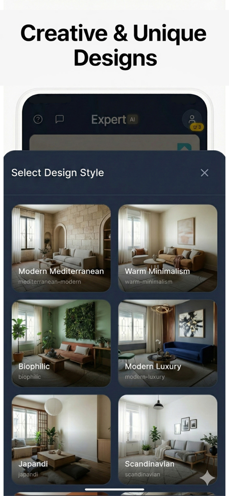 Expert AI: Interior Design - Expert AI app interface showing a selection of interior design styles like Japandi and Scandinavian.