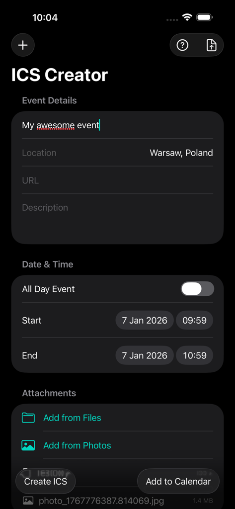 User interface of ICS Creator app showing fields to create a calendar event with location and attachments