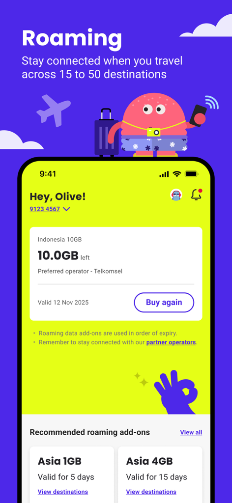 GOMO app screen showing roaming data usage and international travel plan options