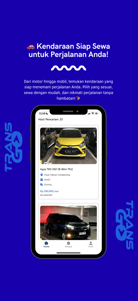 Transgo - Rental Mobil & Motor - Search results screen in the Transgo app showing available rental cars