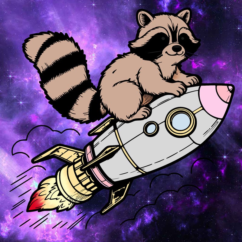 realistic raccoon flying on top rocket ship