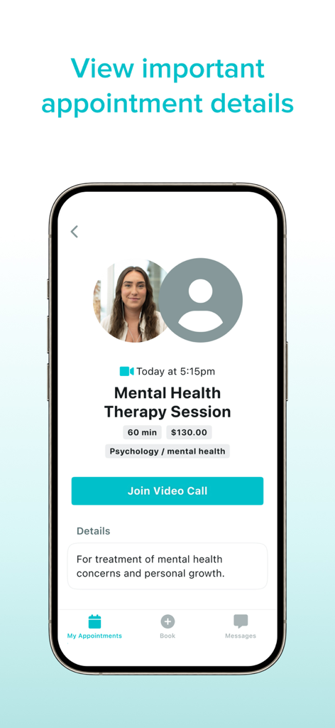 Jane for Clients - La aplicación Jane para Clientes muestra los detalles de una sesión virtual de terapia de salud mental con un botón para unirse a la videollamada
