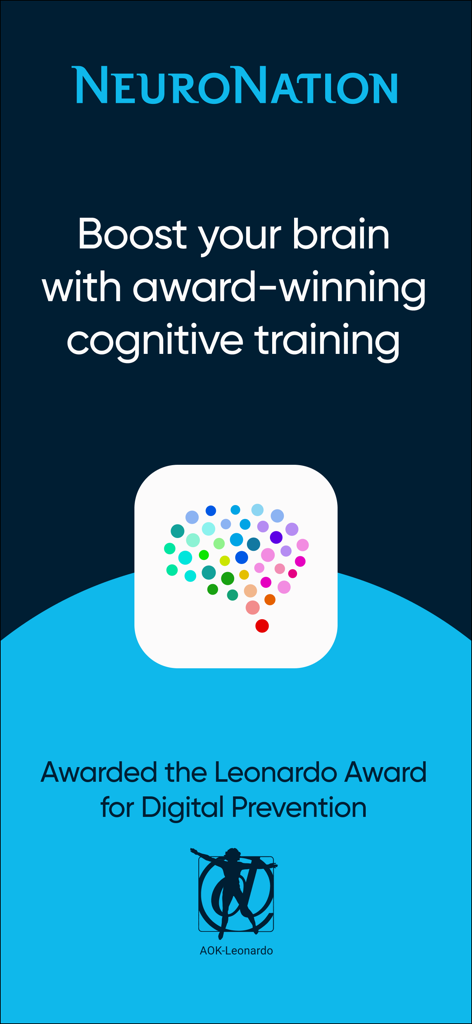 NeuroNation app promo screen featuring its brain icon and the Leonardo Award for Digital Prevention