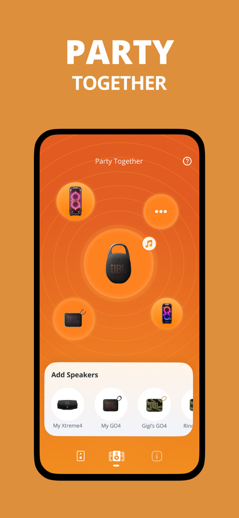 JBL Portable app Party Together interface for syncing multiple Bluetooth speakers.