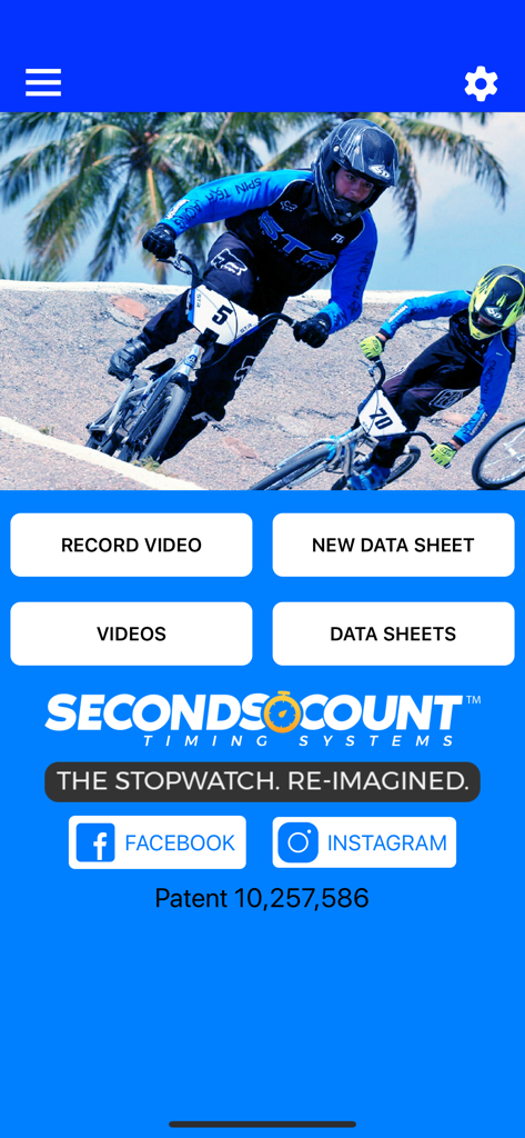 Video Stopwatch SC - Home screen of the Video Stopwatch SC app featuring options to record video and manage athletic data sheets