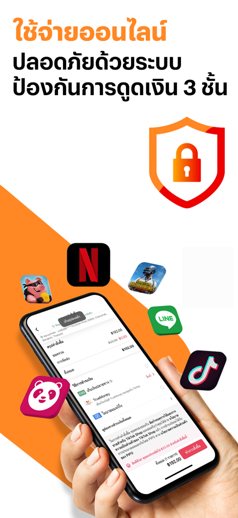 A hand holding a smartphone showing the TrueMoney payment interface with a security shield icon and various app logos like Netflix and TikTok.