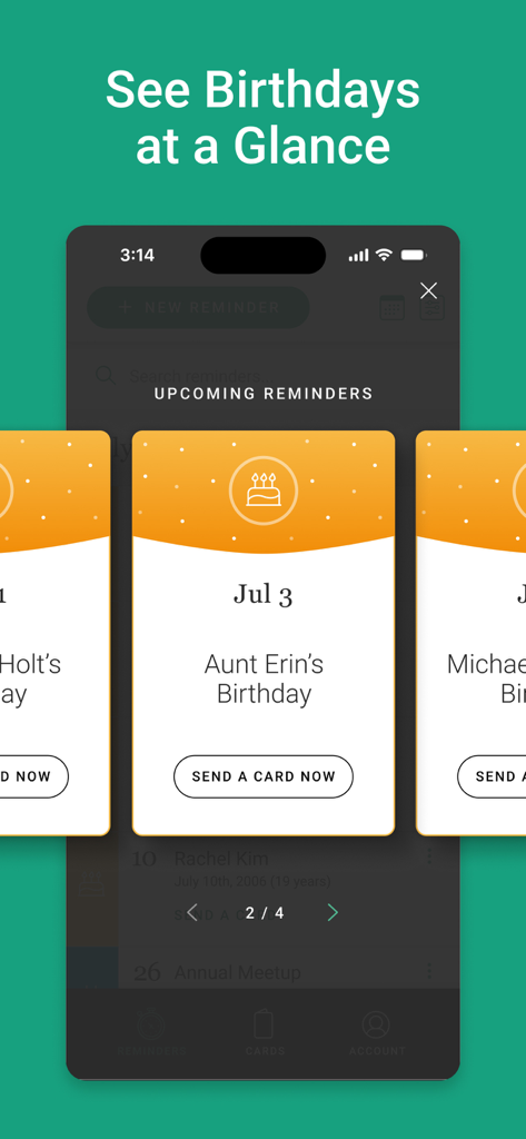 BirthdayAlarm: Reminders Cards - BirthdayAlarm app interface showing upcoming birthday reminders at a glance with an option to send a card.