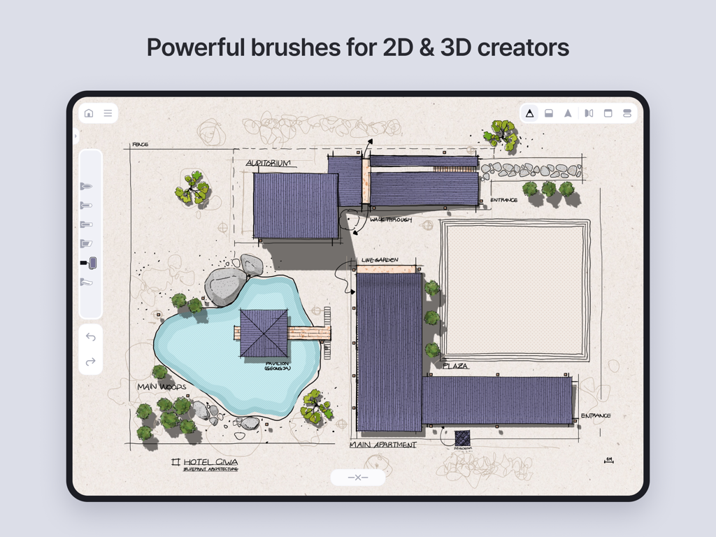 Feather: Draw in 3D - Architectural floor plan sketch of a hotel complex on an iPad using Feather 3D drawing tools