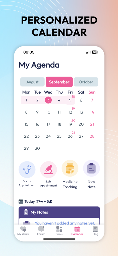 Miracle Mom Pregnancy Tracker - Screenshot of the personalized pregnancy calendar in the Miracle Mom app showing medical appointments and medication tracking