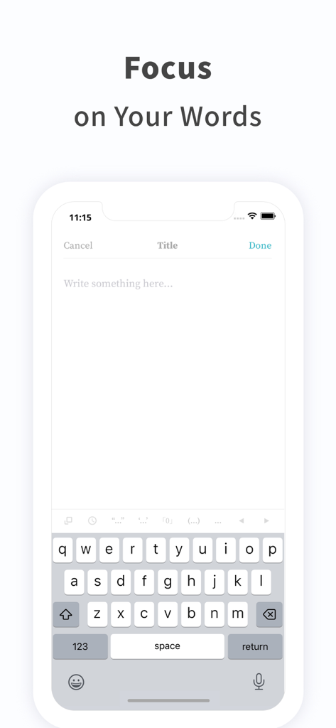 Eine minimalistische, ablenkungsfreie Schreiboberfläche der PenCake Mobile App, die einen sauberen weißen Bildschirm und eine Tastatur zeigt.