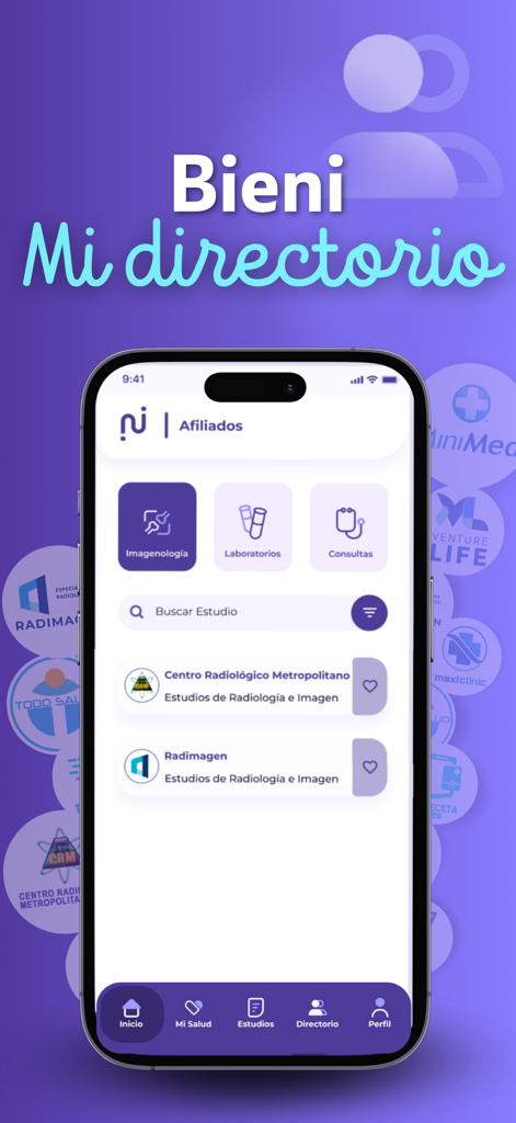 Bieni App-Bildschirm, der ein Verzeichnis von Gesundheitsdiensten mit Kategorien für Bildgebung, Labore und ärztliche Beratungen anzeigt.