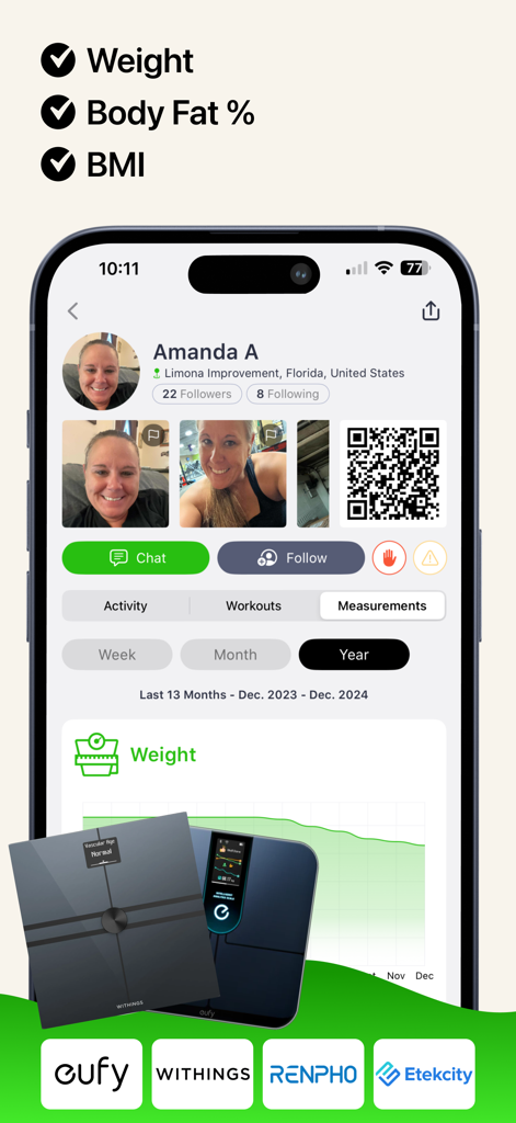 Perfil do usuário do aplicativo Strive mostrando gráfico de medição de peso e integração com smart scale.