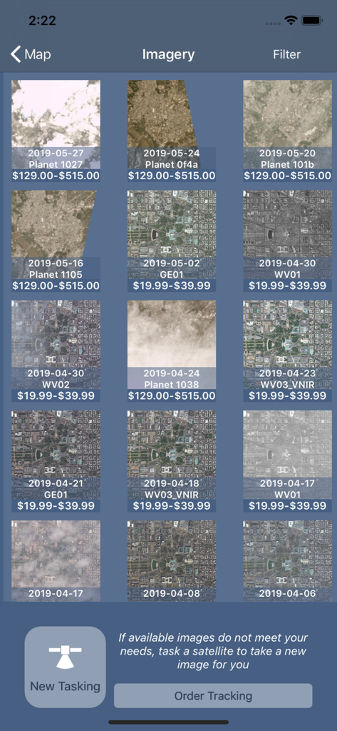 SpyMeSat - A grid of available satellite images with dates and prices in the SpyMeSat app catalog