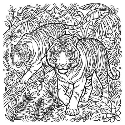 Embark on an artistic journey with this captivating Bengal Tigers coloring page, designed specifically for teens. Explore the intricate details of two majestic tigers amidst a lush jungle, offering hours of engaging coloring fun.