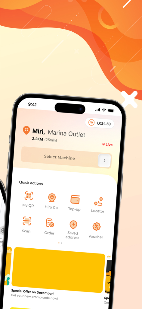 Dime Pay - Dime Pay mobile app interface showing laundry outlet location, wallet balance, and quick action icons for cashless payments.