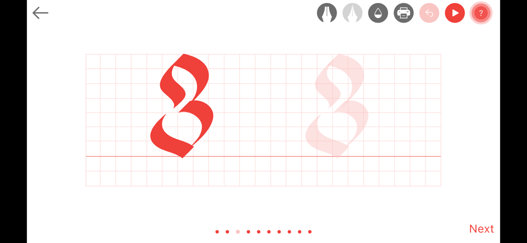 Gothic Fraktur - Uma tela de prática de caligrafia digital mostrando uma letra gótica vermelha em uma grade com ferramentas de escrita