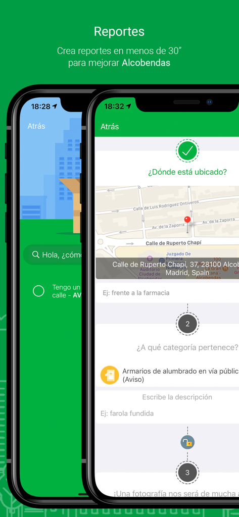 Interfaz de la app móvil para reportar incidencias de mantenimiento urbano en Alcobendas mostrando ubicación en mapa y selección de categoría