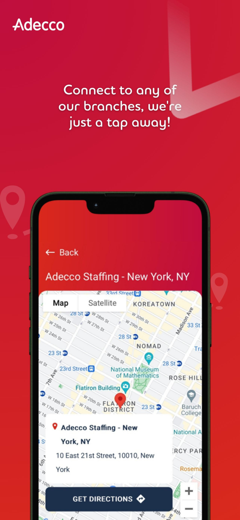 Adecco - Adecco app map view showing a staffing office location in New York with a button to get directions