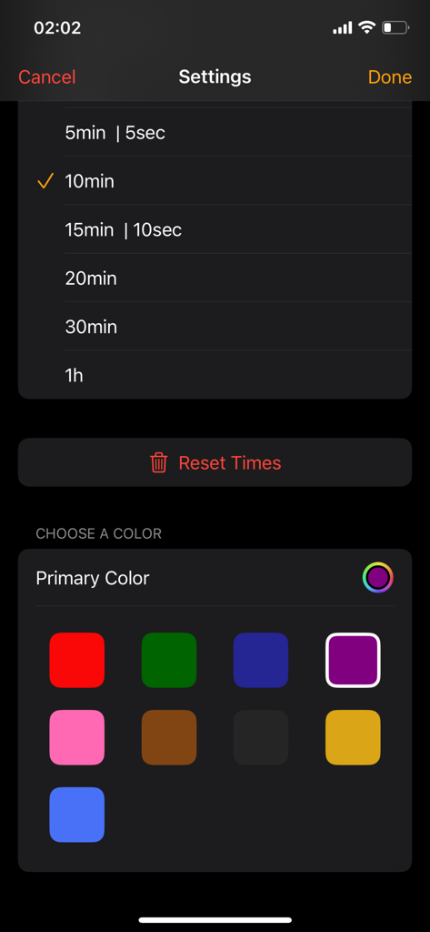 Chess.clock - Tela de configurações do aplicativo Chess.clock mostrando predefinições de controle de tempo e opções de seleção de cores primárias
