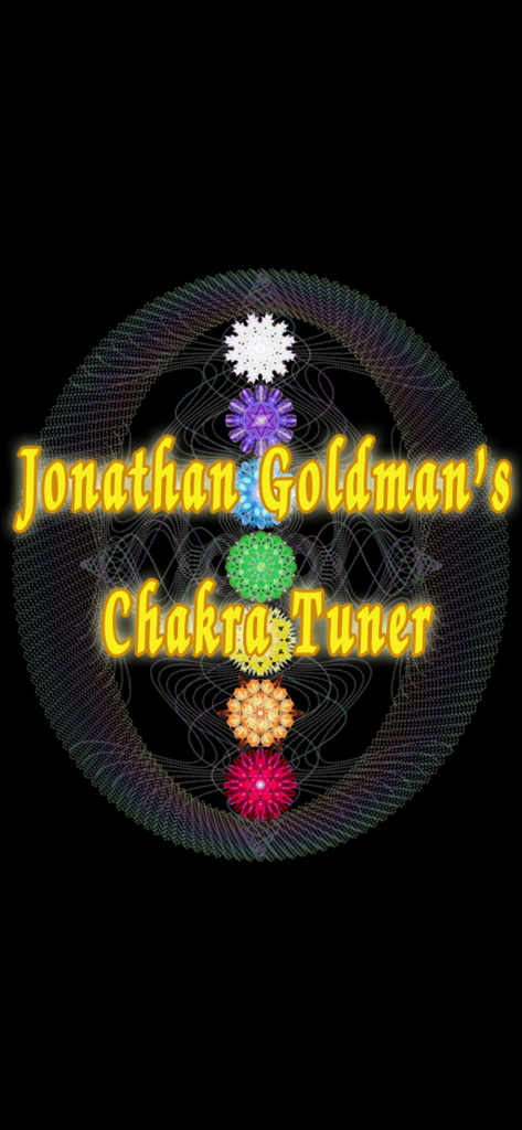 Chakra Tuner Jonathan Goldman - Splash screen of Jonathan Goldmans Chakra Tuner app featuring seven colorful chakra symbols and visionary art