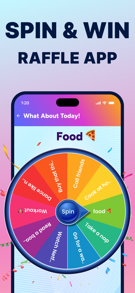 Spin The Wheel - Happy Wheels - Uma interface colorida de roda giratória digital apresentando várias opções de atividades diárias como comida, treino e assistir filmes.